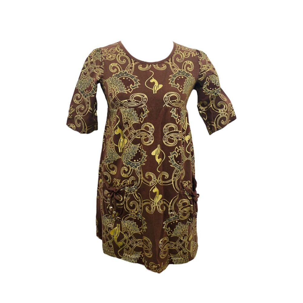 Women’s Medium Tunic Shirt Baby Phat Brown and Gold All Over Print Half Sleeve